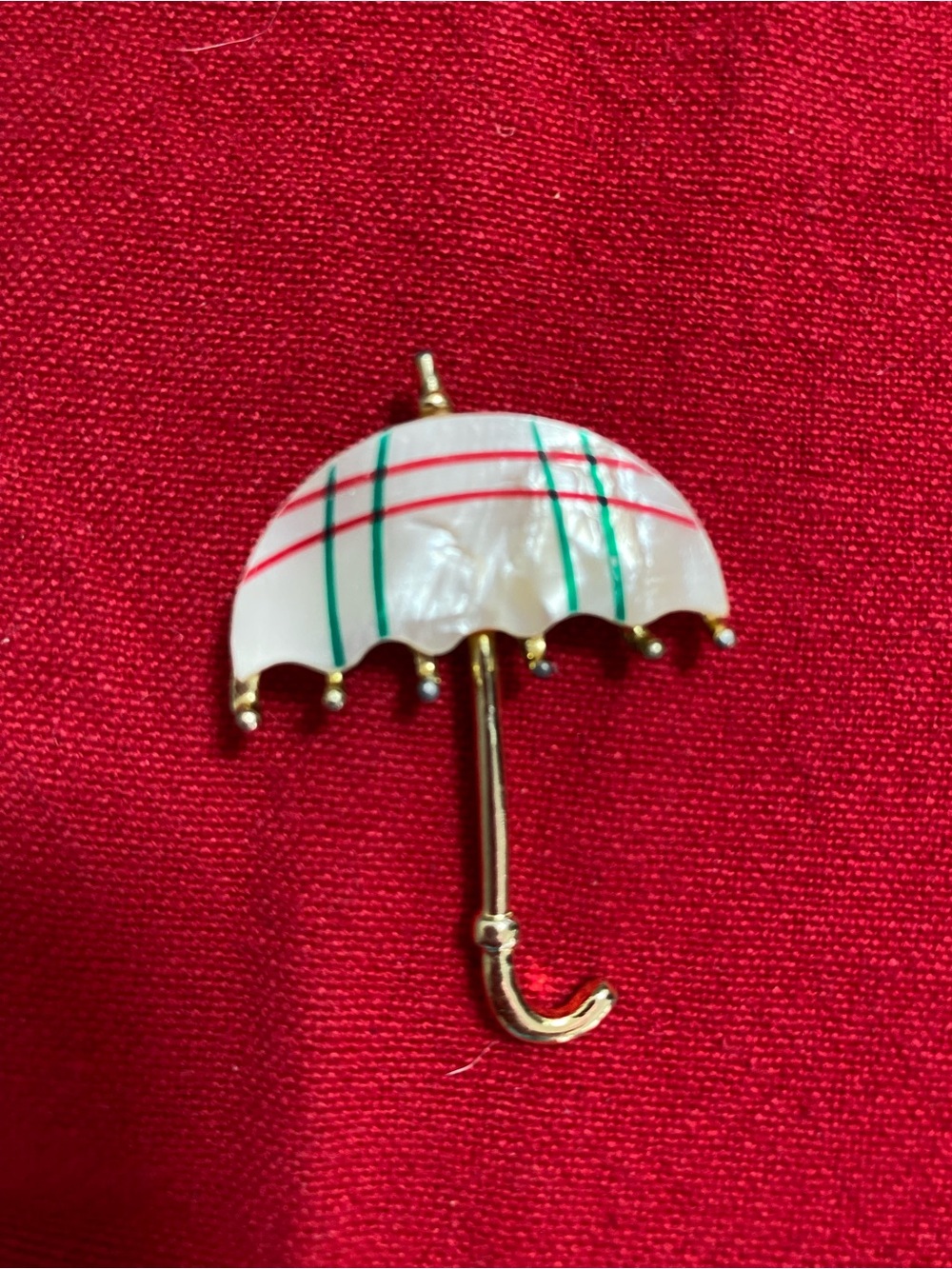 Vintage Mother of Pearl Shell Umbrella Brooch with Red & Green Stripes on gold - Picture 1 of 7